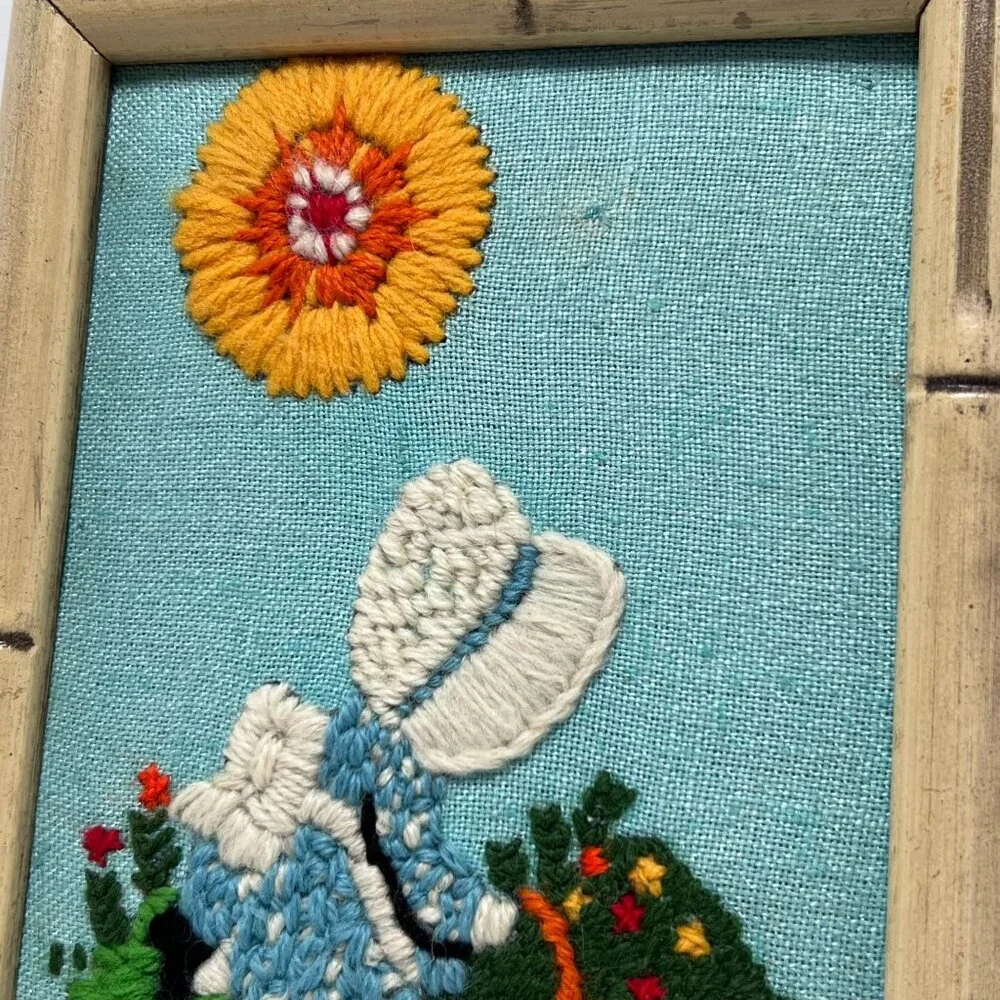 Framed Completed Crewel Holly Hobbie 1970's Girl with‎ Basket in Garden Sunshine